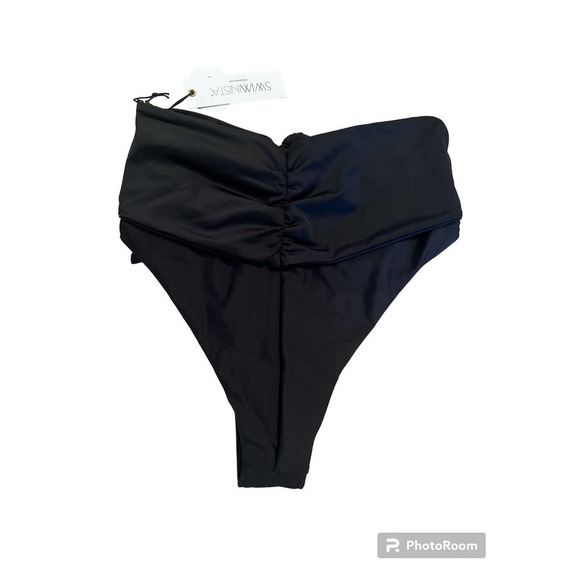 Swiminista Women’s High-Leg Tie Front Ruched Back Bikini Bottoms Size M  Black - Picture 3 of 5